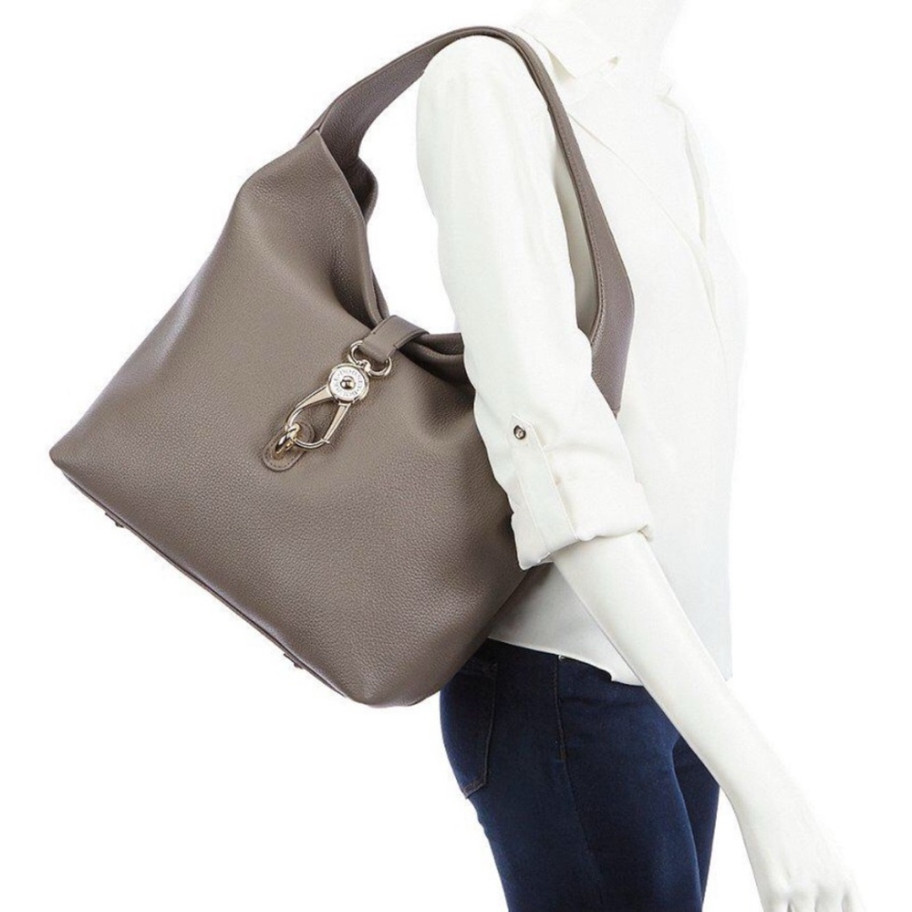Dooney & Bourke Belvedere Logo Tote Hobo Bag Purse Elephant Grey Gold Duck Clasp